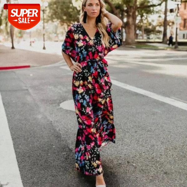 

US Women Boho Floral Long Maxi Dress Evening Party Beach Dresses Summer Sundress #mC9s, Black;gray