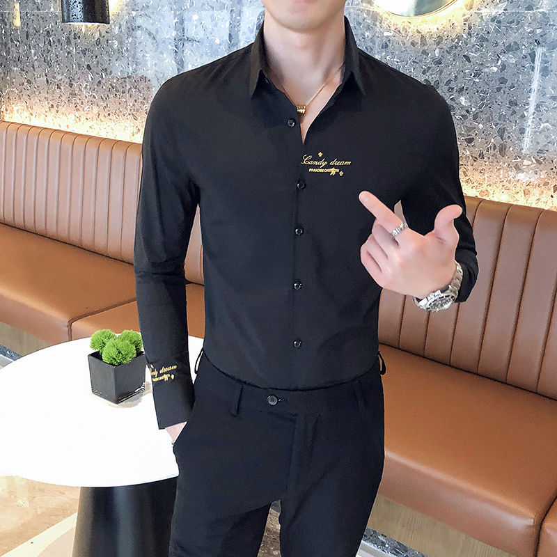 

New Qualidade Superior Carta Bordado Camisas De Manga Longa Para Roupas Masculinas 2021 Primavera Nova Magro Ajuste Casual Clube Turn Down 9, White