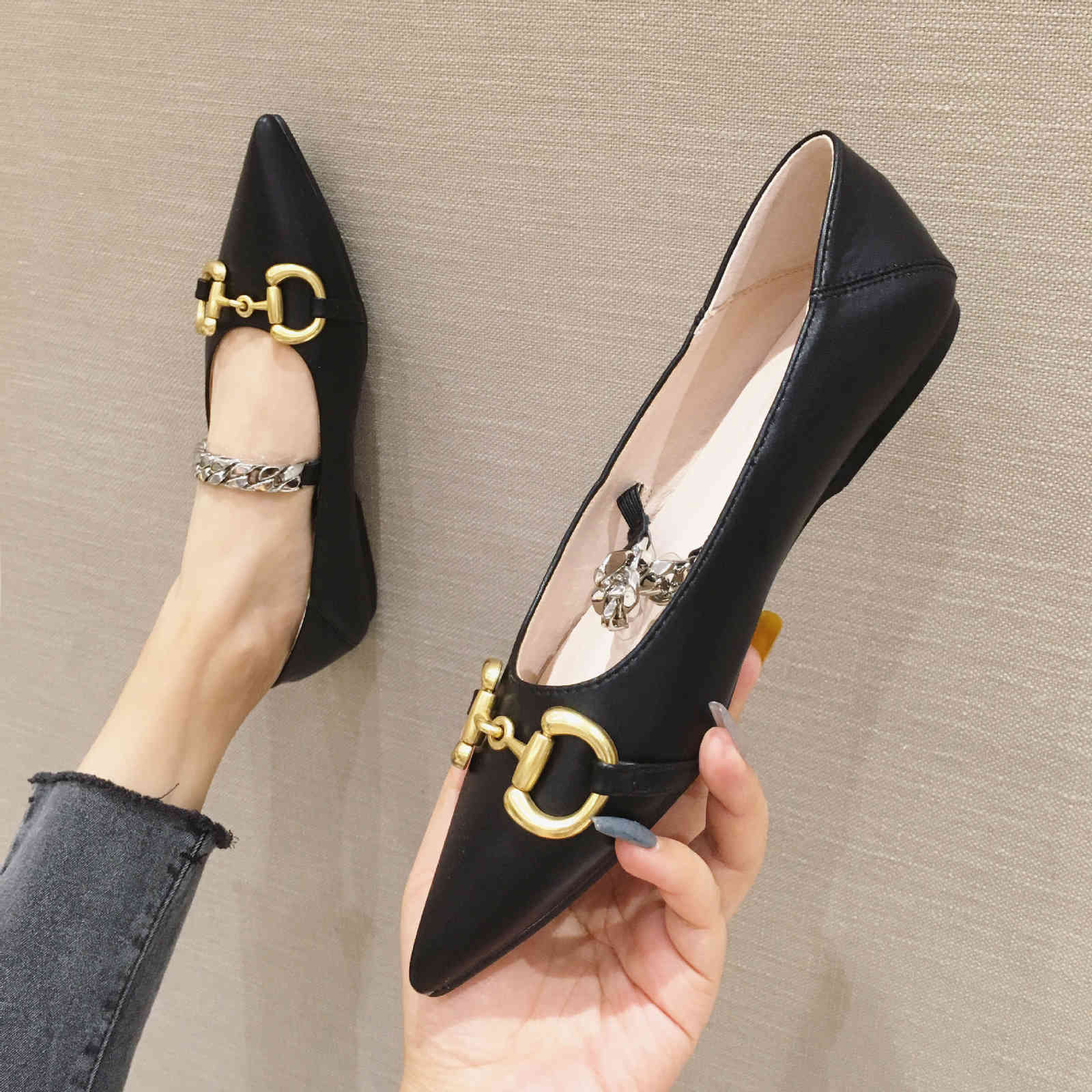 

pointed Dress Shoes net red metal horse clasp two wear step foot shallow mouth flat sole women's shoes comfortable casual KS5L, 1# shoe box