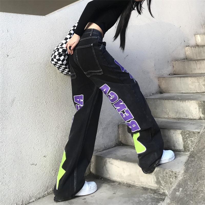 

Women's Jeans High Street Women Fashion Loose Denim 2021 Autumn Vintage Waist Wide Leg Pants Letter Stars Print Casual Trousers, Blue