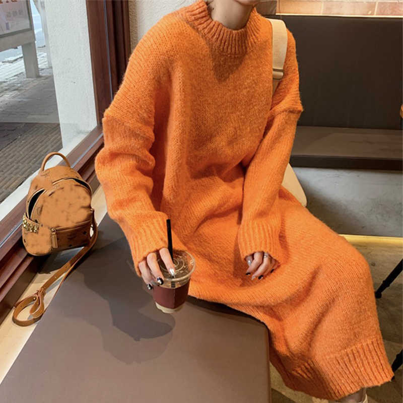 

Loose Sweater Dres Midi Long Sleeve Elegant Party Maxi Knitted Female Autumn Winter Korean Office Lady 210604, Pink