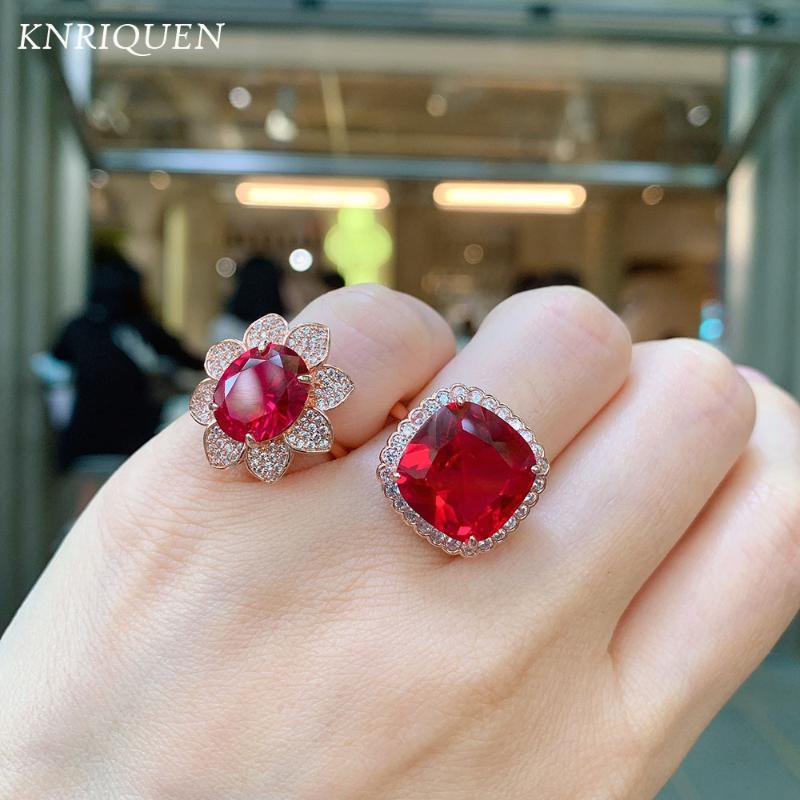 

Cluster Rings Vintage 925 Sterling Women's Ring Created Ruby Gemstone High Carbon Diamond Rose Gold Color Party Wedding Fine Jewelry Gift