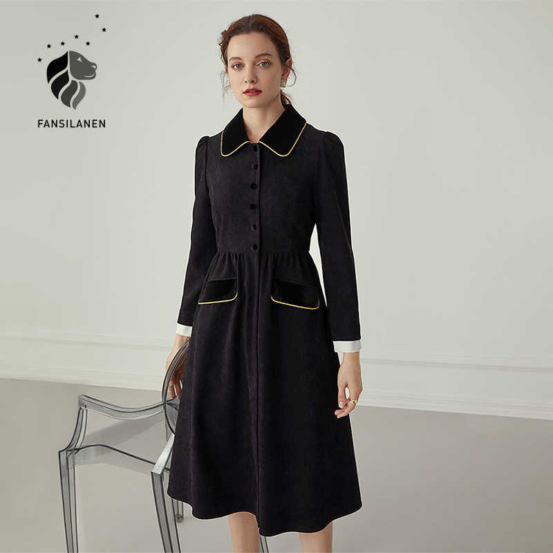 

FANSILANEN Vintage slim long black dress Women velvet puff sleeve shirt Autumn winter french elegant party club 210607