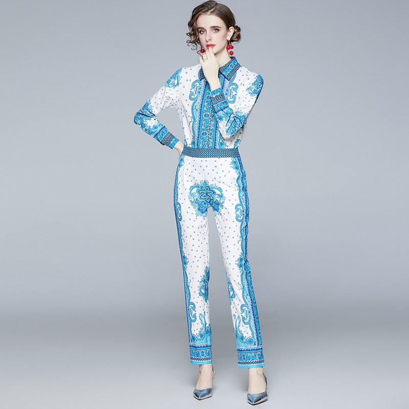 

Luxury Designer Retro Floral Pants Sets 2021 Women Runway Shirts + Trousers Spring Autumn Beach Resort Two Piece Set Office Sweet Girl Party, White
