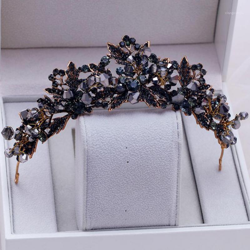 

Handmade Black Crystal Beads Bridal Tiaras Crown Rhinestone Diadem Pageant Veil Tiara Headbands Baroque Wedding Hair Accessories Clips & Bar, Golden;silver