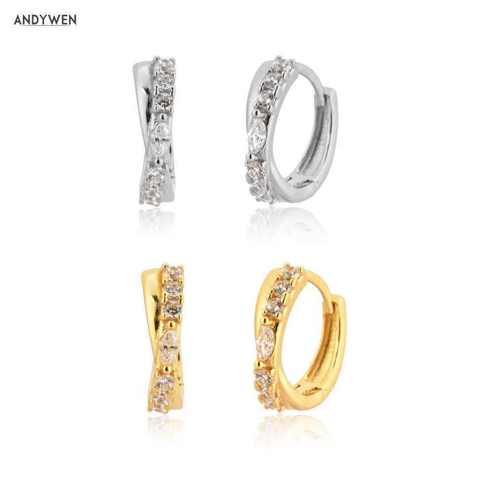 

ANDYWEN 925 Sterling Silver Gold Double Line Cross Zircon CZ Ovals Loops Circle Hoops Luxury Fine Jewelry Rock Punk 210608