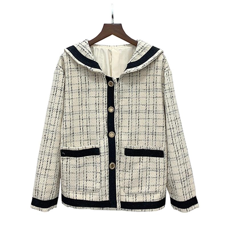

Women' Jackets PERHAPS U Women Beige Tweed Jacket Sailor Collar Long Sleeve Vintage Button Pocket Coat C0174