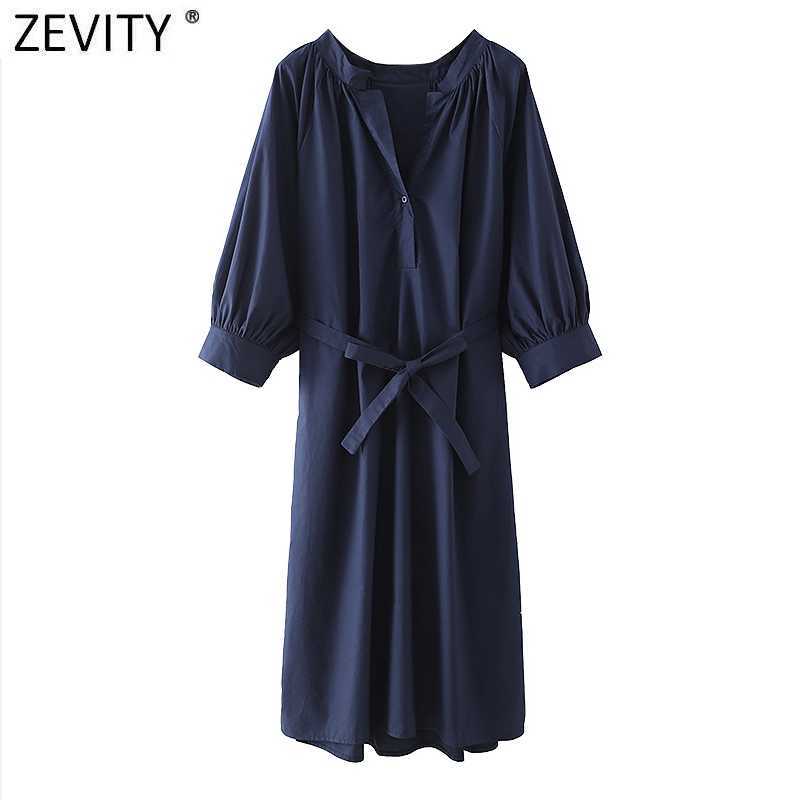 

Zevity Women Simply Solid Color V Neck Pleats Puff Sleeve Shirt Dress Female Chic Bow Sashes Casual Business Vestido DS5032 210603, As pic ds5032xz