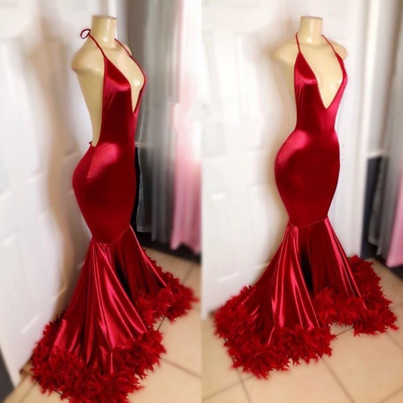 

2021 New Sexy Red Plunging v Neck African Prom Es with Feather Open Back Sweep Train Plus Size Formal Evening Gowns I76u