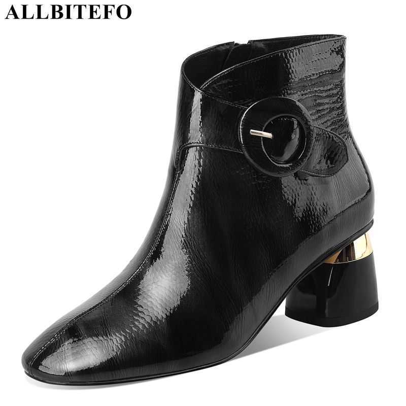 

ALLBITEFO fashion buckle genuine leather thick heels ankle boots for women thick heels office ladies shoes winter women boots 210611, Plush inside