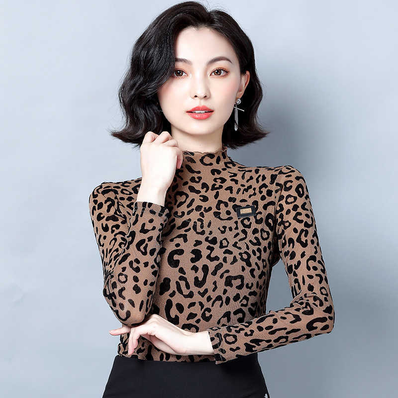 

Korean Women Blouses Shirts Woman Leopard Blouse Shirt Long Sleeve Mesh Tops Plus Size Blusas Mujer De Moda 210604, Khaki