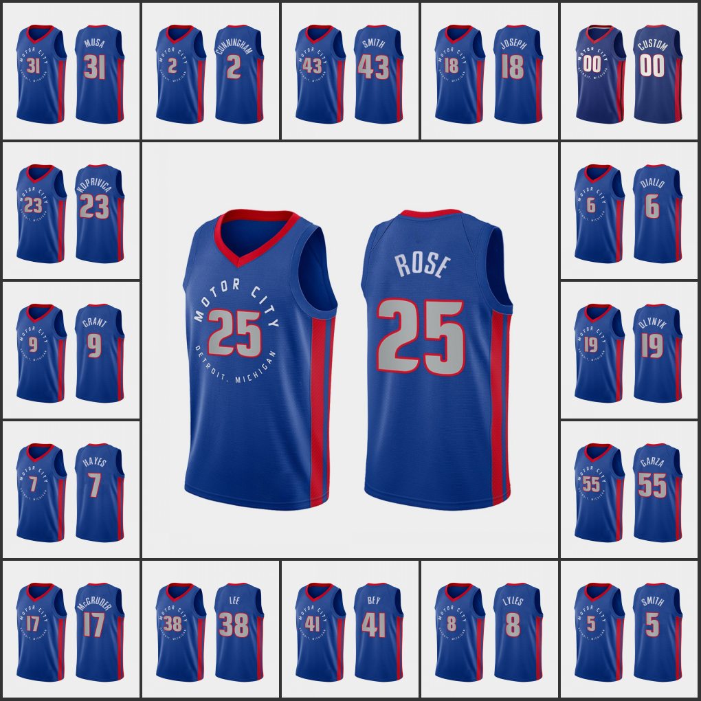 

Detroit''Pistons''Men Derrick Rose Killian Hayes Saban Lee Rodney McGruder Hamidou Diallo Edition Navy Jersey