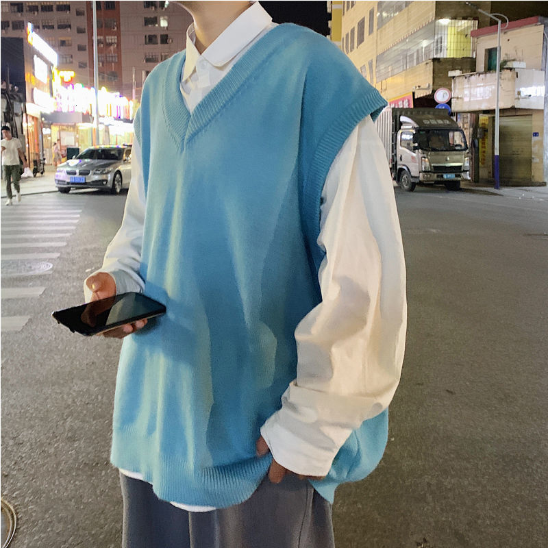 

2021 New Male Cashmere Knitting Waistcoat with Sleeveless V-neck Sweater Vest Solid Color Clothes Size M-2xl Pqp2, Light blue.