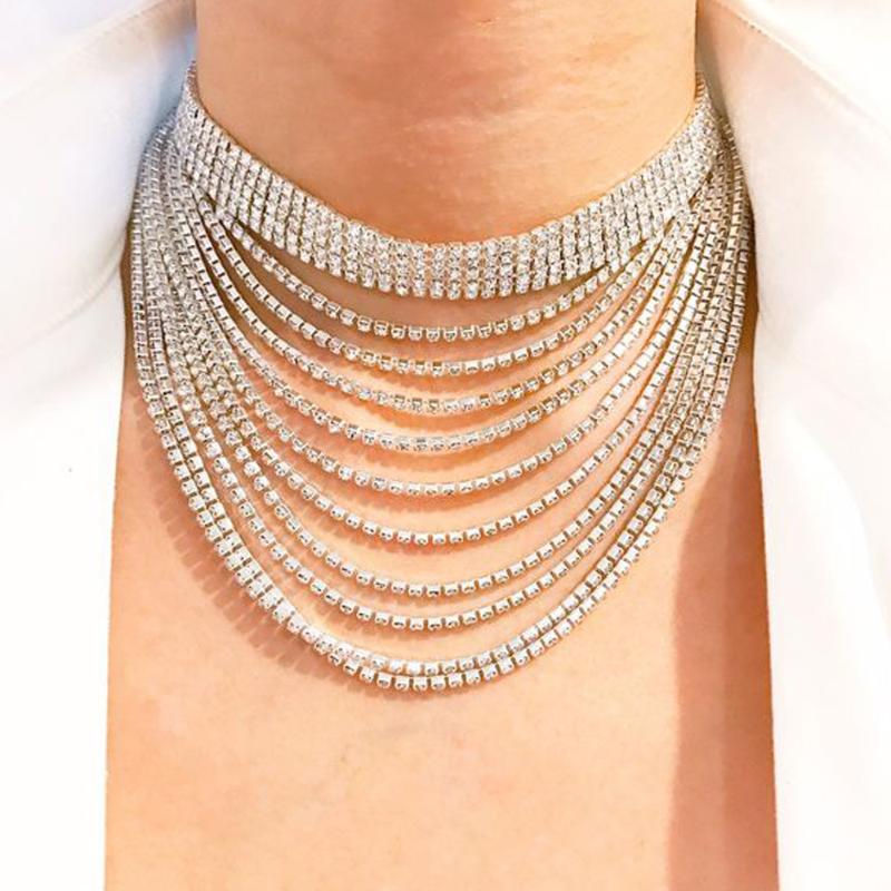 

Chains Stonefans Luxury Rhinestone Multi-layered Choker Necklace For Women Exaggerate Crystal Tassel Collar Chain Party Jewelry, Silver