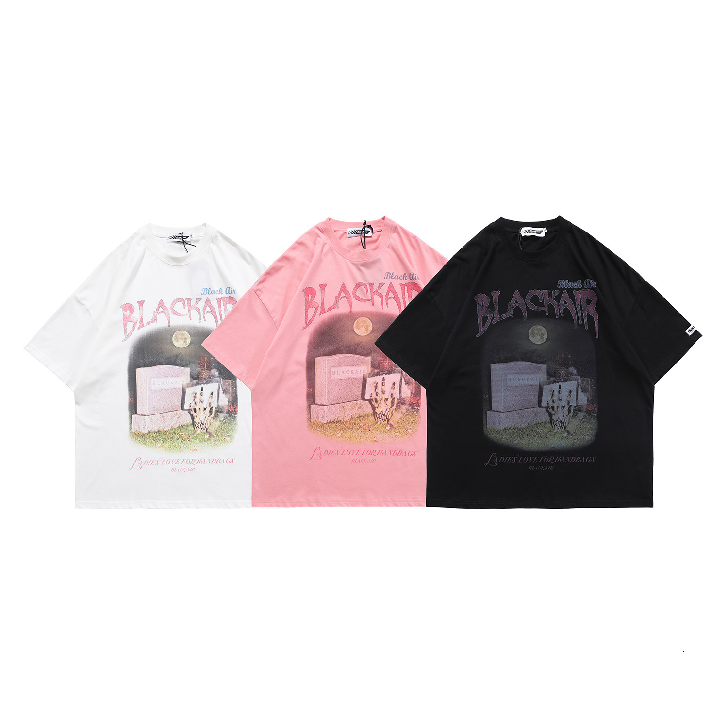 

fashion t shirt trendy brand dark black wash cartoon print short sleeve men's and women's vibe fenggao street loose pink top, White;black