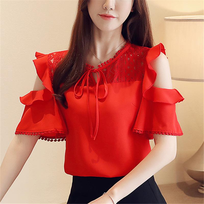 

Women' Blouses & Shirts Fashion Bow O-neck Sweet Women Summer Clothes Short-sleeved Strapless Chiffon Shirt Solid Color, Pink