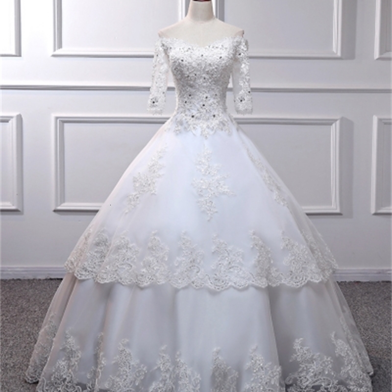 

2021 New Chic V-neck Lace Ball Wedding Es Applique Beaded Flowers Off the Shoulder Bride Gown Vestido De Noiva Bfo8, White