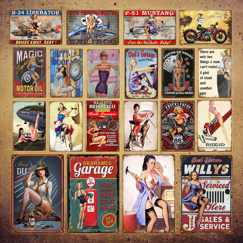 

2021 Retro Vintage Home Decor Garage Metal Signs Pin Up Girl Poster Car Motorcycle Plane Aircraft With Sexy Lady Wall Sticker Size 30X20cm