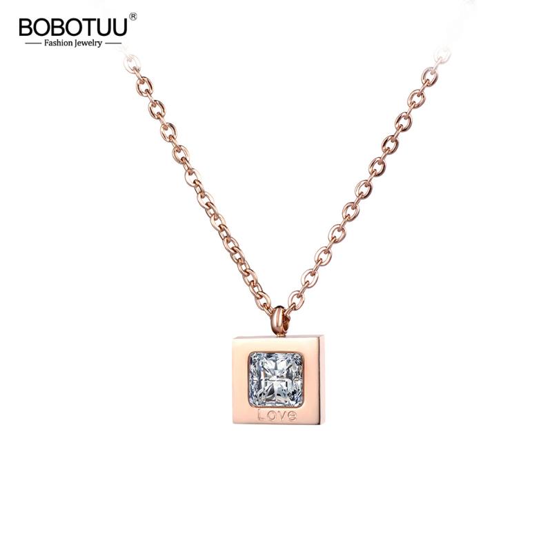 

Pendant Necklaces BOBOTUU Fashion Necklace Rose Gold Color Collarbone Chain CZ Square For Women Stainless Steel Jewelry BN18242