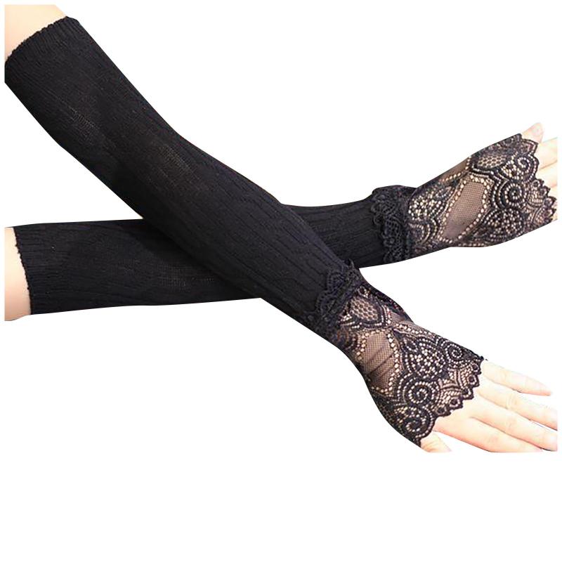 

Five Fingers Gloves Women Knitted Lace Splicing Warm Arm Half Finger Fashion Long Black Fingerless Prom Ladies 2021, Blue;gray