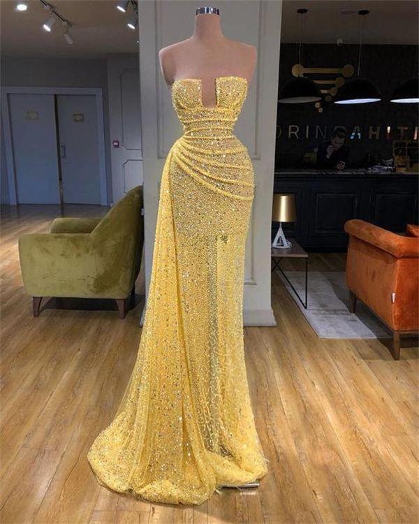 

Yellow Sequined Mermaid Prom Dresses Beaded Sweetheart Evening Dress Sweep Train Party Second Reception Gowns, Chocolate