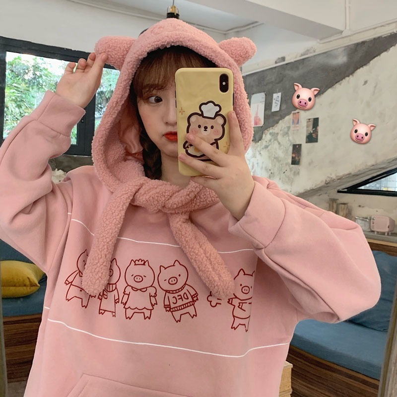 

2021 New Plush Fleece Hoodie Women Sweet Cute Kawaii Cartoon Pig Autumn Winter Hooded Pullovers Coat Plus Size Fmot, Pink