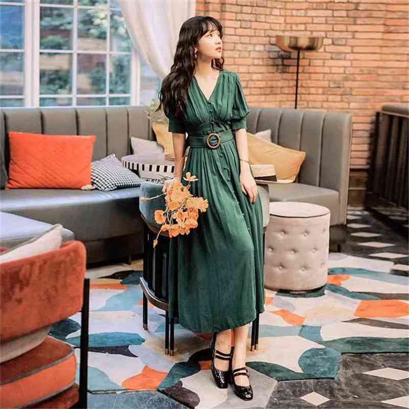 

Vintage Summer Short Sleeve Long Women Dress V-neck Mid-Calf Fit and Flare Empire Cotton Office Lady Dresses Green 210603, Blue