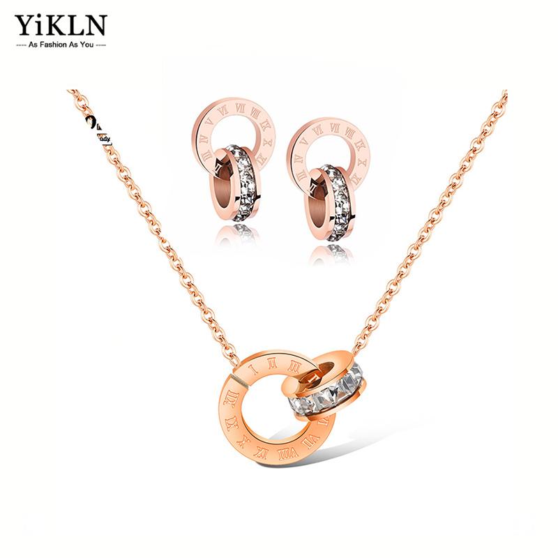 

Earrings & Necklace YiKLN Mosaic CZ Crystal Double Circle Pendant Stud Stainless Steel Wedding Jewelry Sets For Women YSE002, Silver