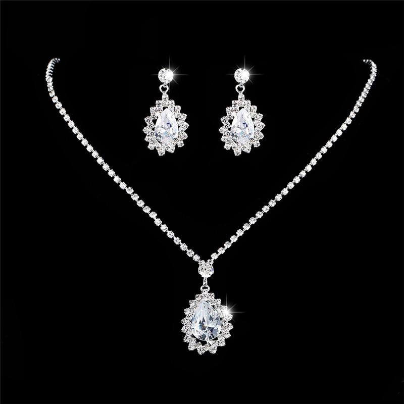 

earrings & necklace luxury female crystal flower jewelry set charm silver color dangle for women cute bride zircon wedding chain