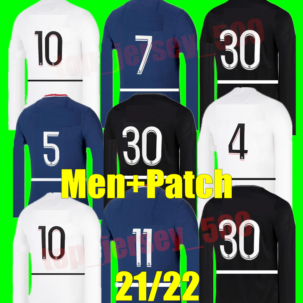 

MBAPPE HAKIMI SERGIO PSGS RAMOS Long sleeve soccer jersey 21 22 Maillots football shirt 2021 2022 MARQUINHOS men uniform enfants maillot de foot, 3rd+champion patch
