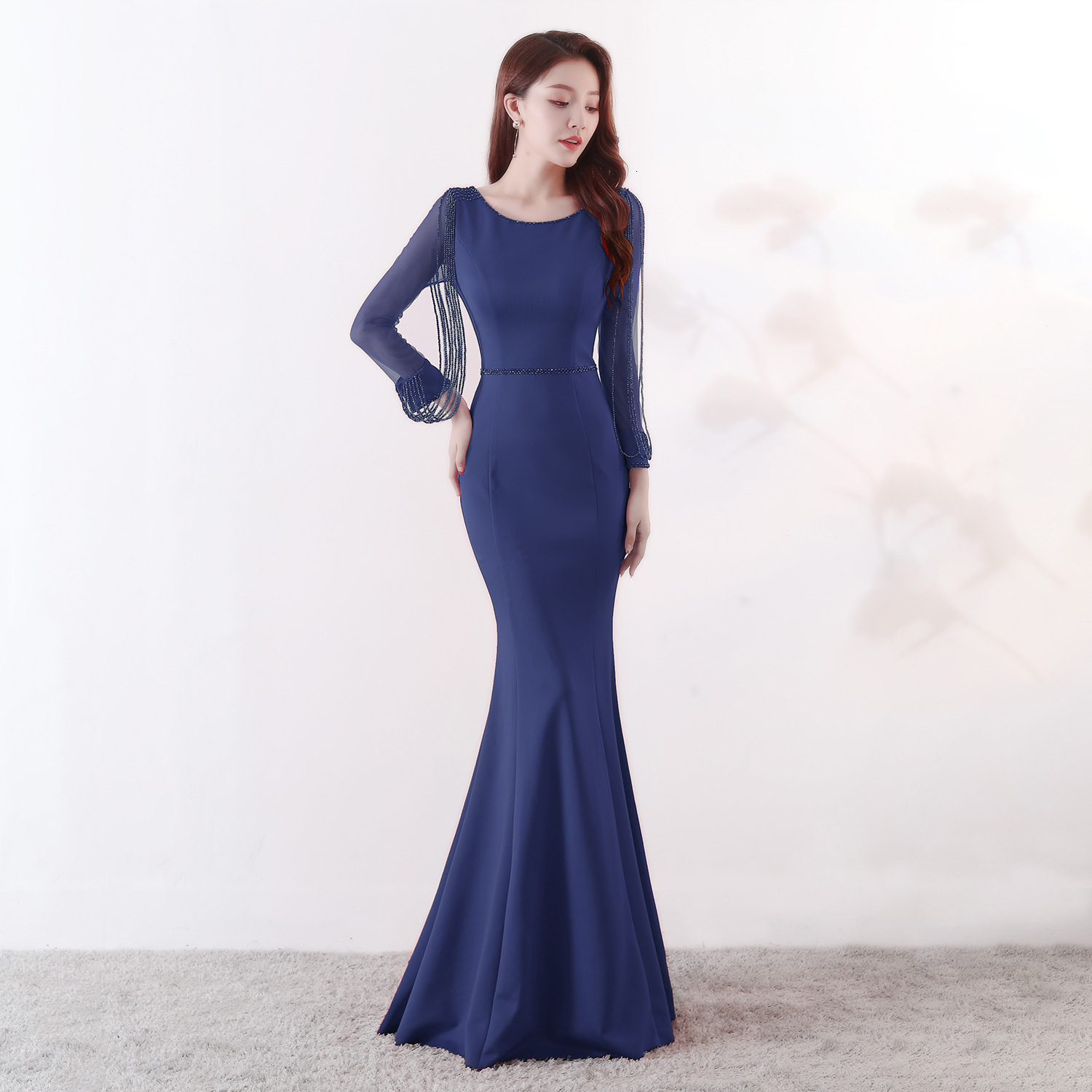 

Women's Elegant Mermaid Evening Dress Sleeve Rhinestone Chain Fishtail Formal Prom Party Dresses E1c5, Black