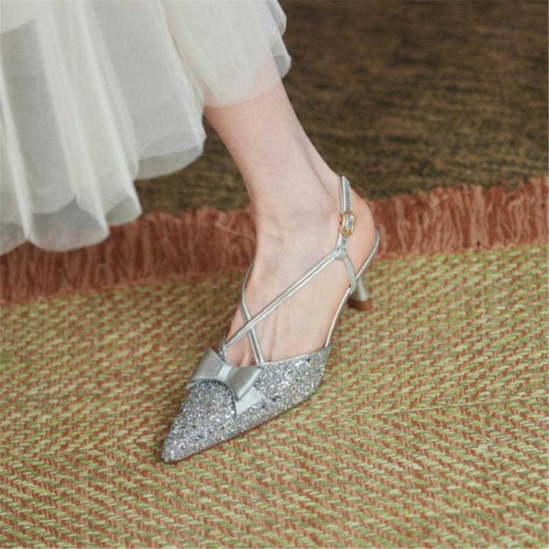

kmeioo fashion summer women shoes pointed toe high heels glitter sandals ankle strap thin heels bowtie backless shoe for prom, Gold-5.8cm