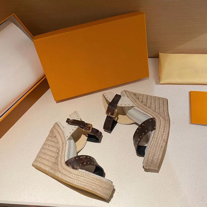 

2021 Luxury Designer European women sandals platform Classic Letter printing Straw Wedge high Heel fashion sandals top quality genuine leather size 35-41, Beige/brown in pics