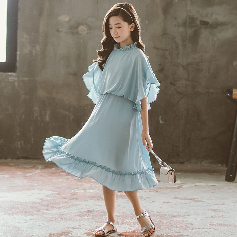 

2022 Chiffon Teenager Princess Party Dresses for Girls Fashion Clothing Ruffles Kids Girl Summer Children Casual Dress 3-13 Year, Blue