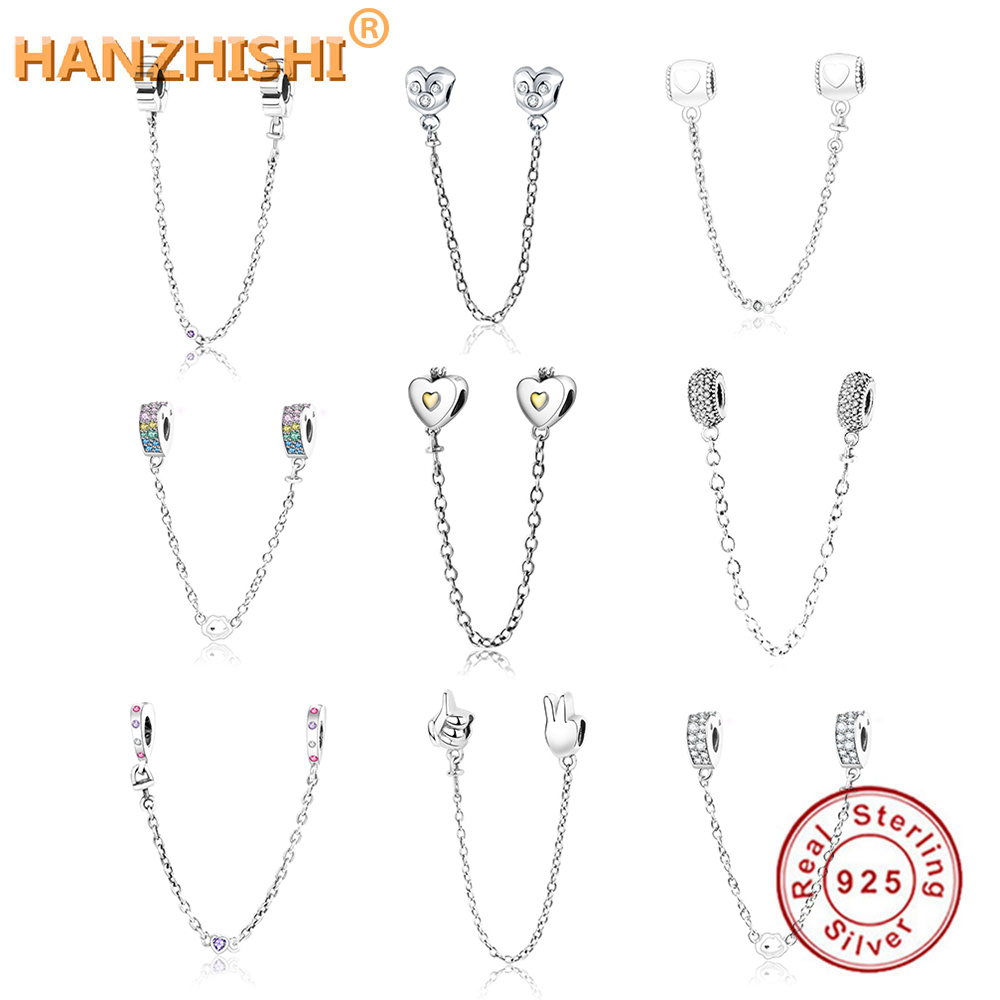 

Newest 925 Sterling Silver Heart Safety Chain Charms Beads With CZ Fits Original European Charm Bracelet DIY Jewelry Making Q0531