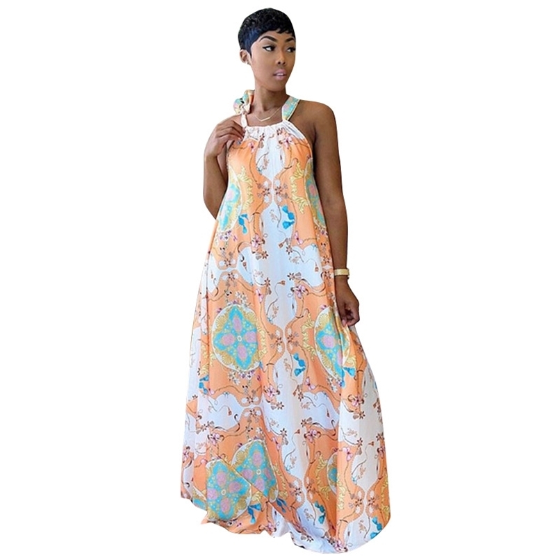 

Women Fashion Print Sleeveless Halter Dresses Casual Midi Summer Robe For Vestido De Mujer Sweet Girl 210525, Blue
