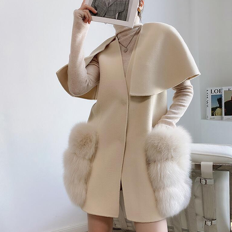 

Fall Winter Luxury Women Real Lamb Wool cashmere Vest waistcoat Stylish Long Real Fox Fur Jackets cloak coats, Khaki