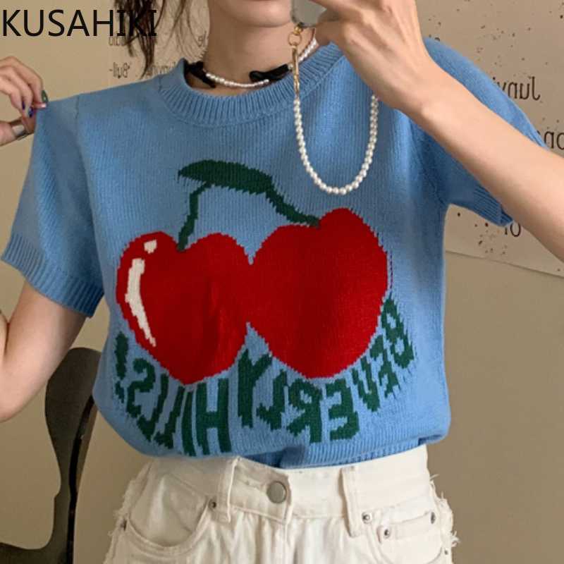 

Vintage O-neck Cartoon Cherry Letters Hit Color Knitted Tee Tops Short Sleeve Korean Sweet Woman Graphic T Shirts 6H349 210603, Blue