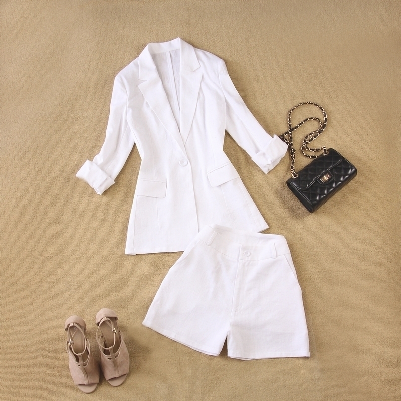 

2 sets of women's 2021 spring and summer new linen set breathable white long-sleeved suit jacket + wide leg shorts two-piece 210316, Pants