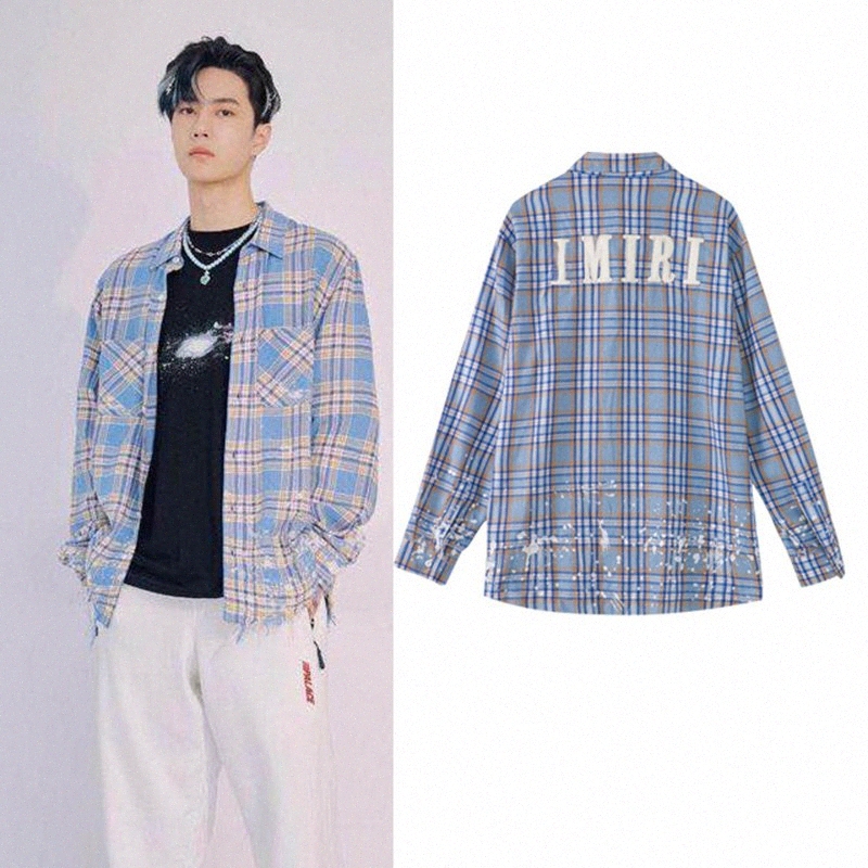 

2021 Autumn Winter Art graffiti Shirt Europe America embroidery patchwork Men Women Long Sleeve Casual cotton Streetwear C9xF#, Yellow plaid shirt