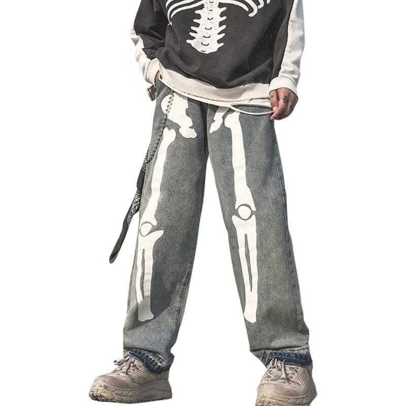

Men High Waist Y2k Skeleton Print Jeans Baggy Wide Leg Denim Trousers Goth Harajuku Straight Pants Jogging Sweatpants Streetwear 2W