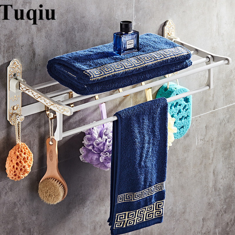 

2021 New Bathroom Accessories Set Aluminum Carved Bath Hardware Sets Towel Rack,paper Toilet Brush Holder White and Gold Wc0n