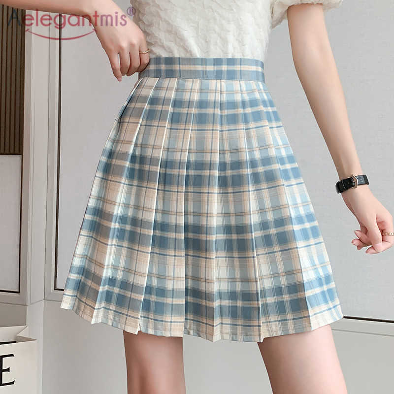 

Aelegantmis Sweet Plaid Pleated Mini Skirts Women A Line Empire Folds Cute Skort Kawaii Harajuku Summer Chic Skirt Preppy 210607, Green