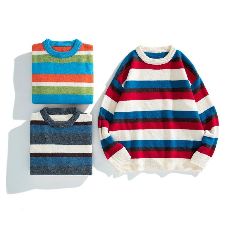 

2021 New Striped Sweater Men's Warm Fashion Hit Color Casual Knitted Pullover Men Loose Knitting Sweaters Mens Clothes M-3xl Ob82, Apricot