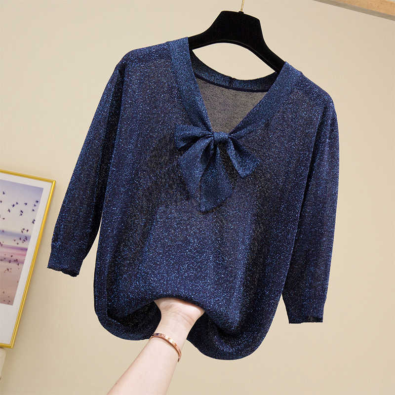 

shiny lurex Bow Neck Sweater Knitted Fashion Sweaters Slim Summer Tops For Women Pullover Jumper Pull Femme Truien Dames 210604, Pink