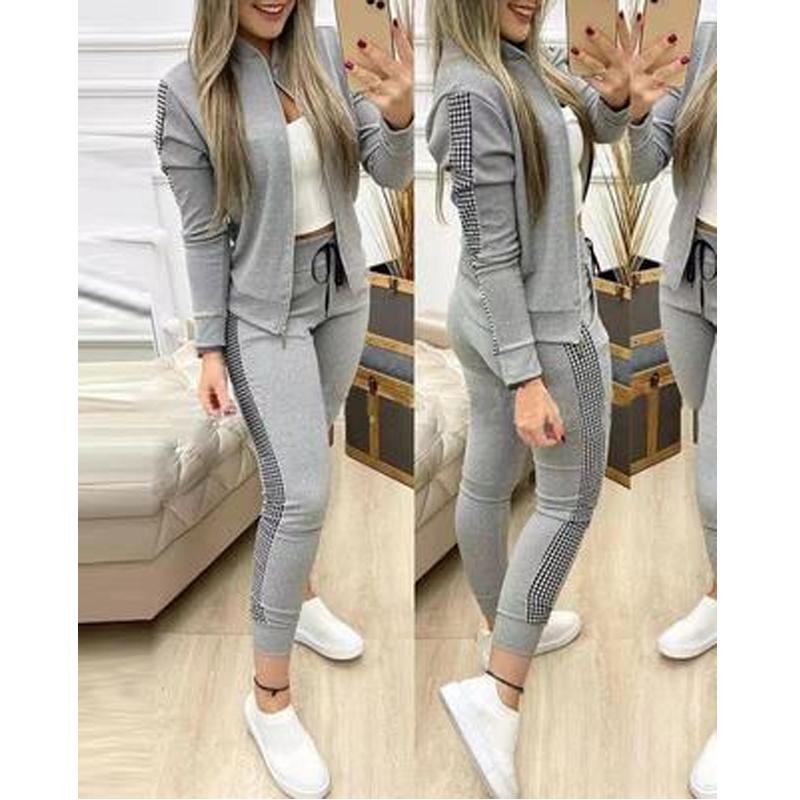 

Gym Clothing Women Tracksuit Warm Slim Long Sleeve Jacket Elastic Waist Drawstring Pants Sets Two Pcs Sports Fitness Suit, White;black