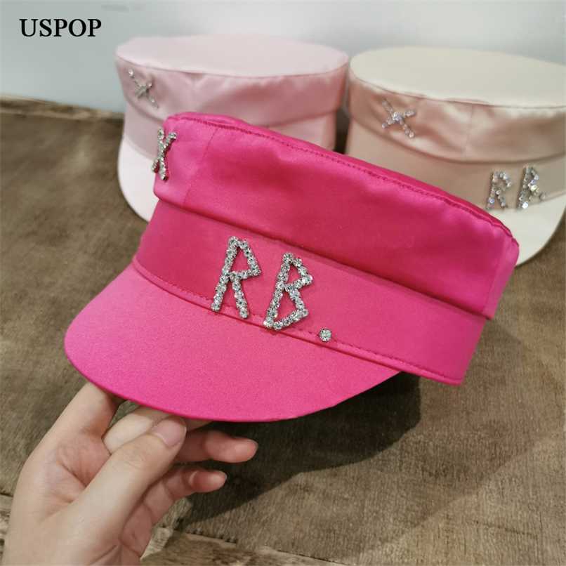 

USPOP satin diamond letter sboy caps women flat militray caps S M L 211227, White