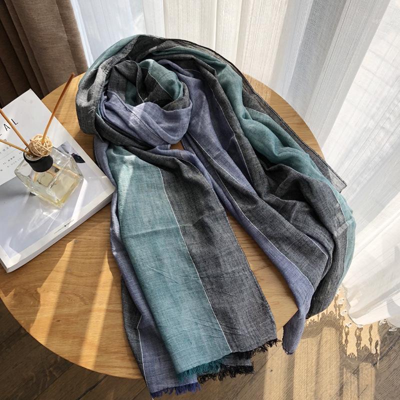 

Scarves Hit Color Striped Cotton Linen Women Men Spring Autumn Thin Long Neck Scarf Shawl Wraps Bufanda Artsy, Blue;gray