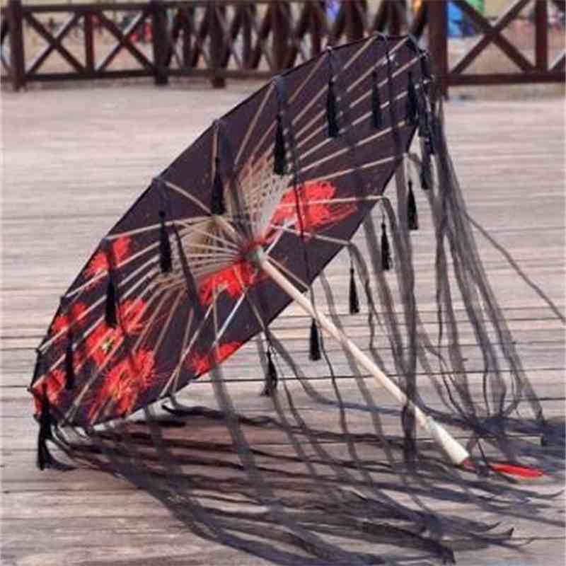 

Silk Cloth Lace Umbrella Women Costume Pography Props Tasseled Yarned Chinese Classical Oil-paper Parasol 210705