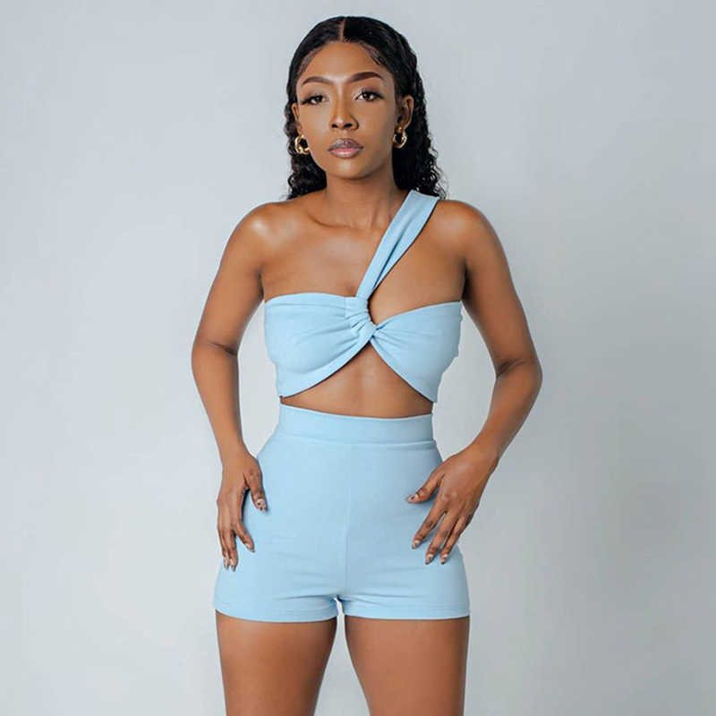 

two piece Irregular sleeveless Skinny crop top High Waist shorts set for womens club birthday party outfits summer clothes 210604, Yellow
